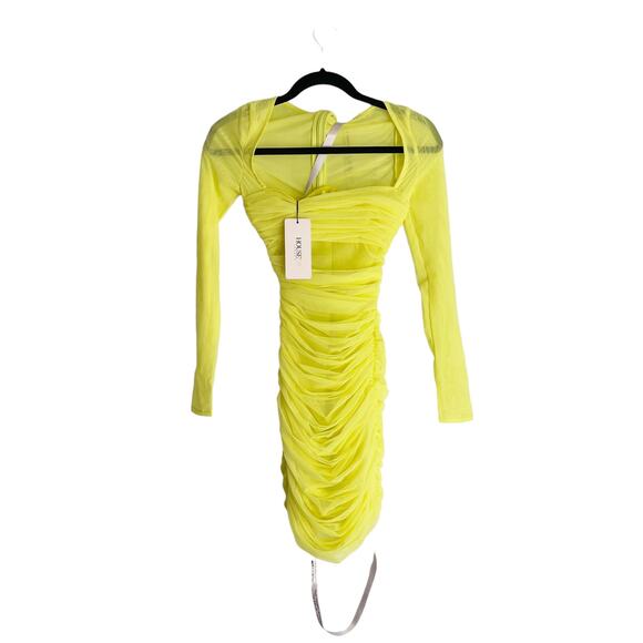 House of CB London Valentina Chartreuse Ruched Mesh Dress Yellow Size XS NWT - Picture 7 of 11